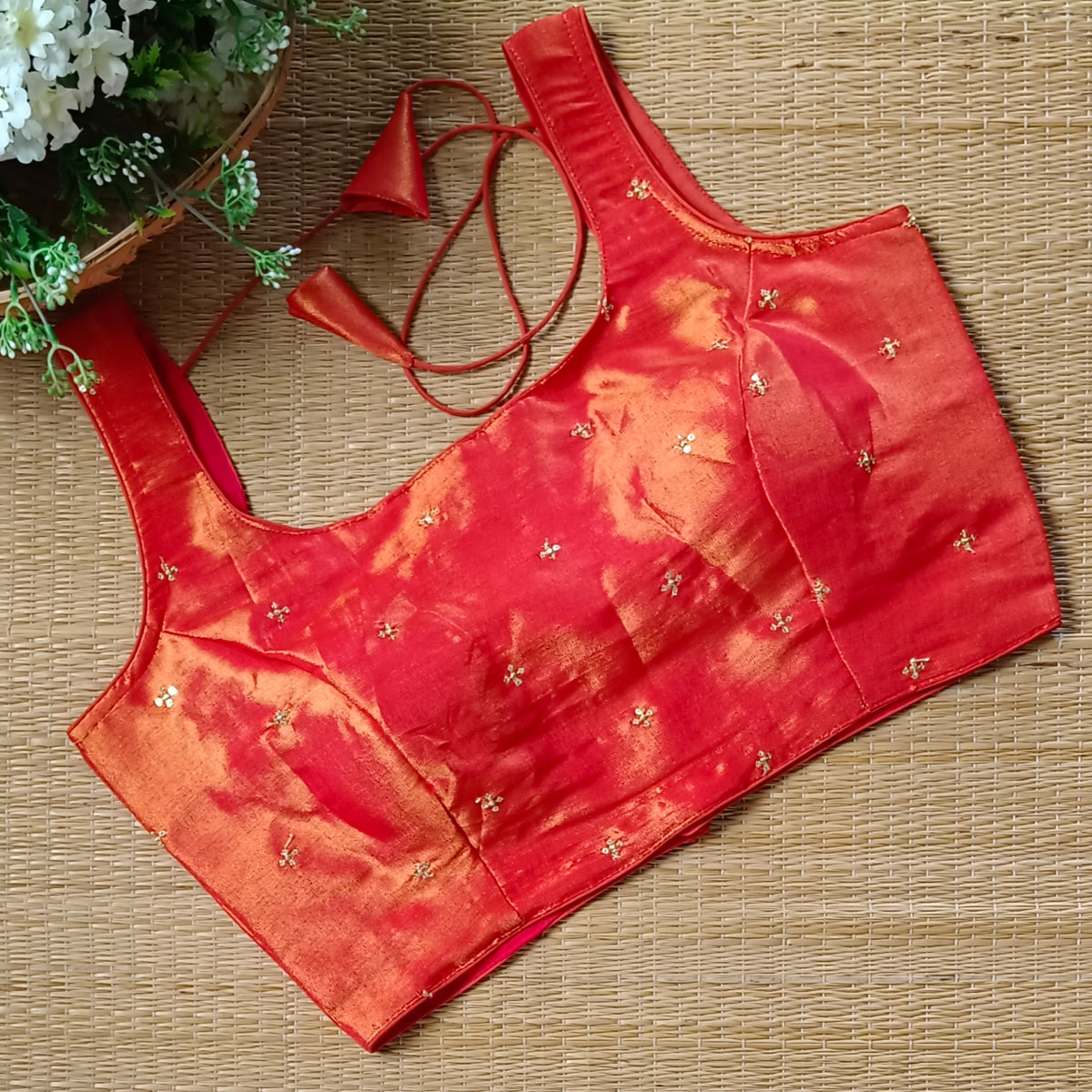 Orange metallic tissue sleeveless blouse