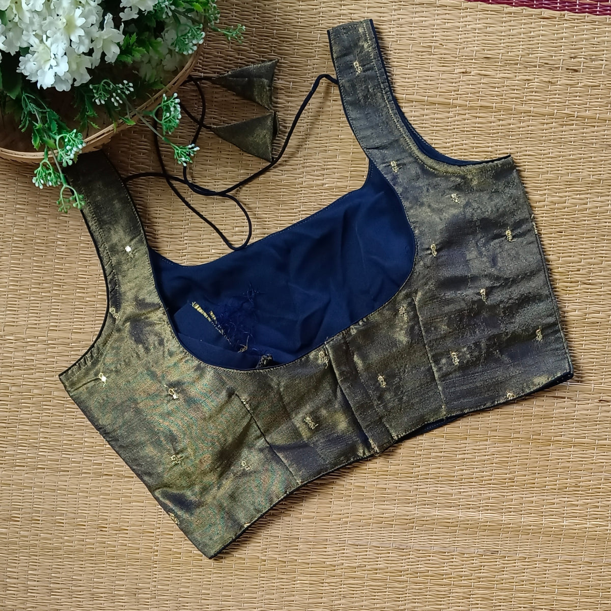 Dark navy blue metallic tissue sleeveless blouse