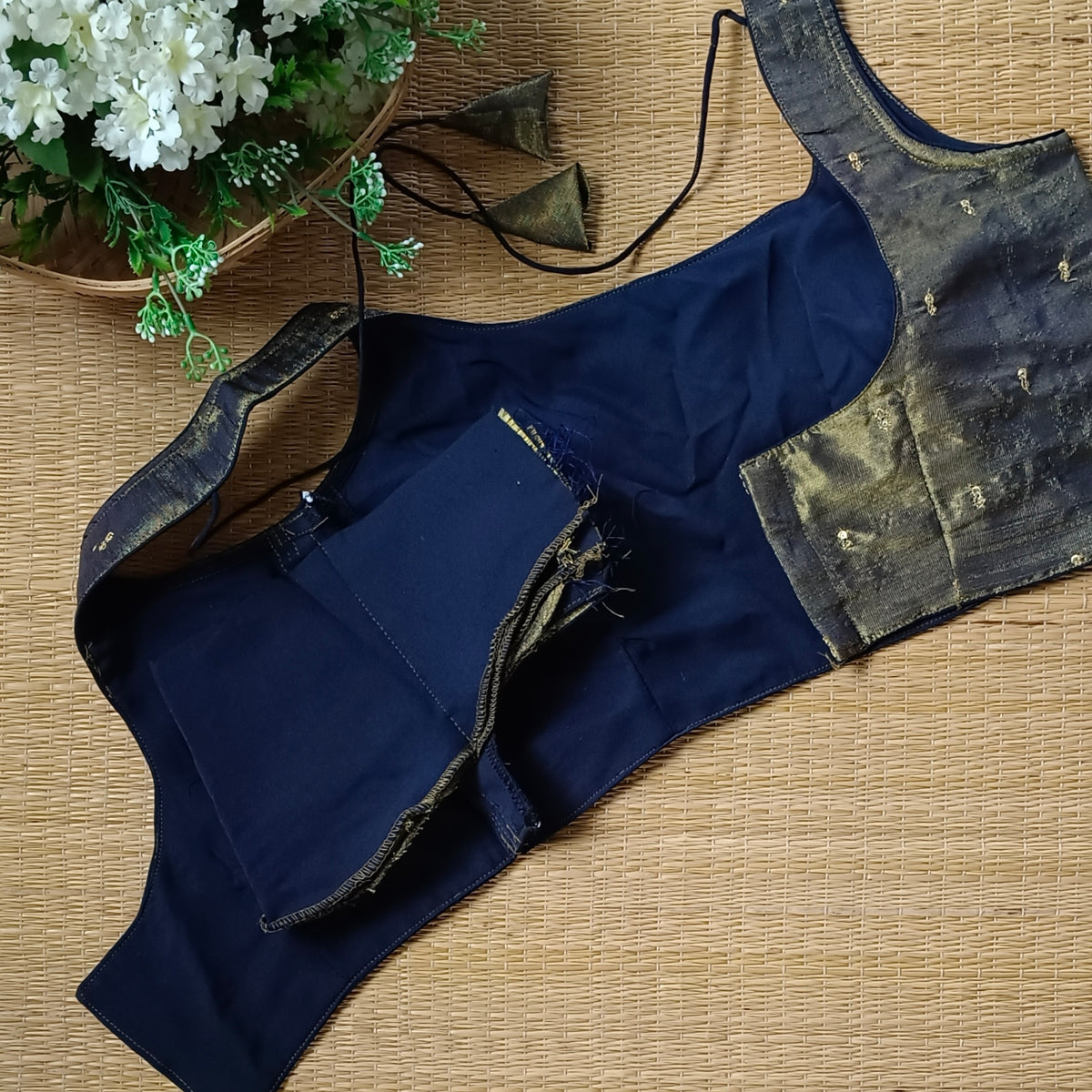 Dark navy blue metallic tissue sleeveless blouse
