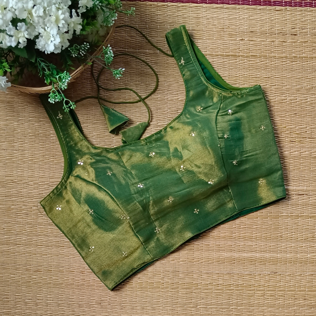Green metallic tissue sleeveless blouse
