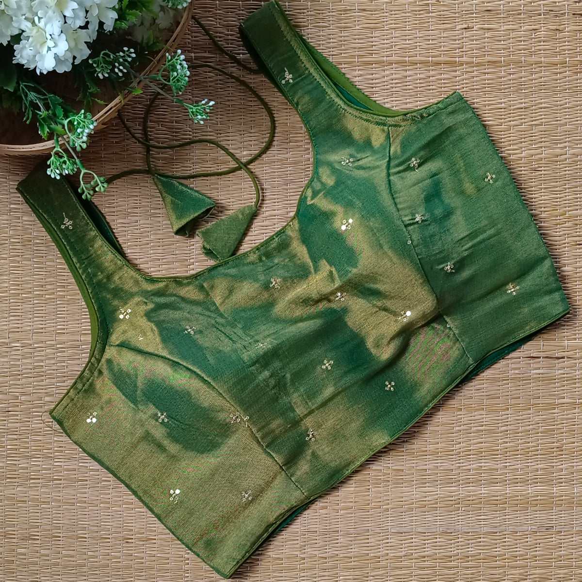Green metallic tissue sleeveless blouse