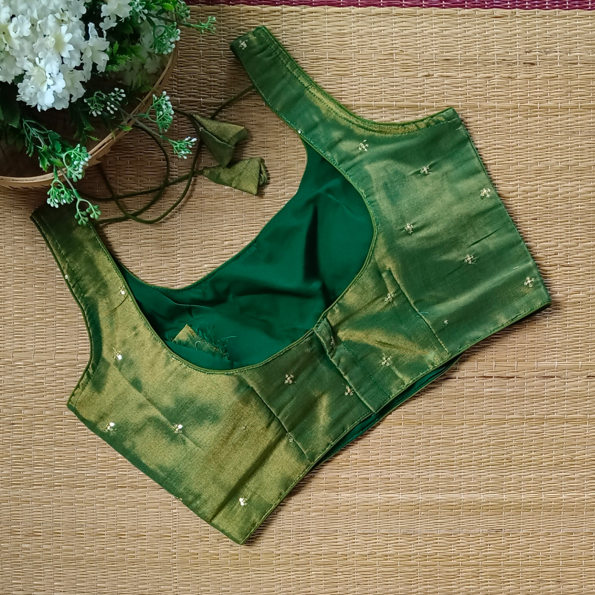 Green metallic tissue sleeveless blouse
