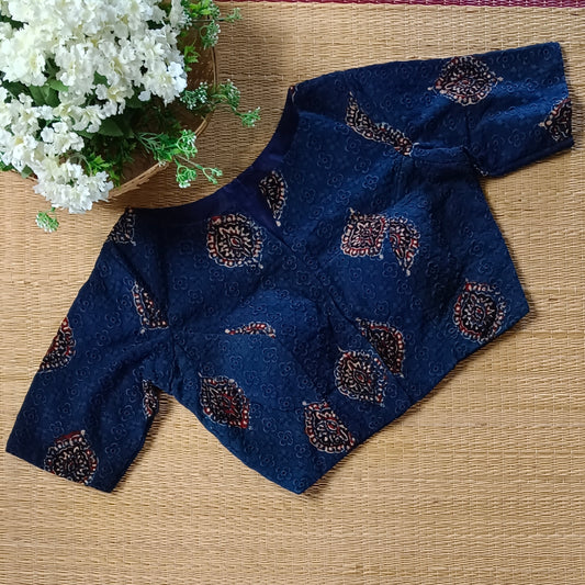 Navy blue hakoba with ajrak hand block print blouse(Assorted)