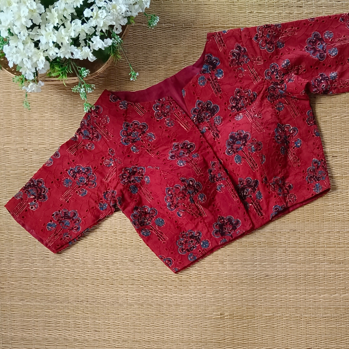 Maroon hakoba with ajrak hand block print blouse(Asorted)