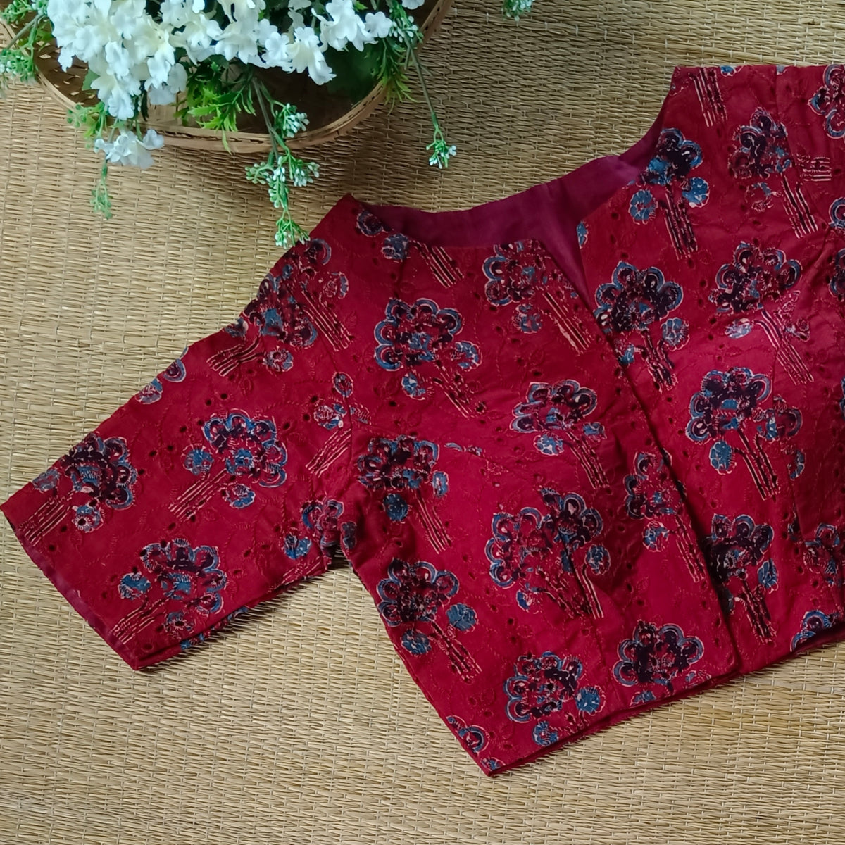 Maroon hakoba with ajrak hand block print blouse(Asorted)