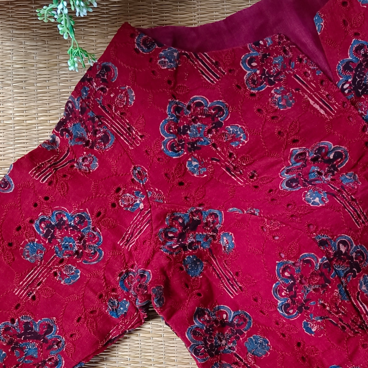 Maroon hakoba with ajrak hand block print blouse(Asorted)
