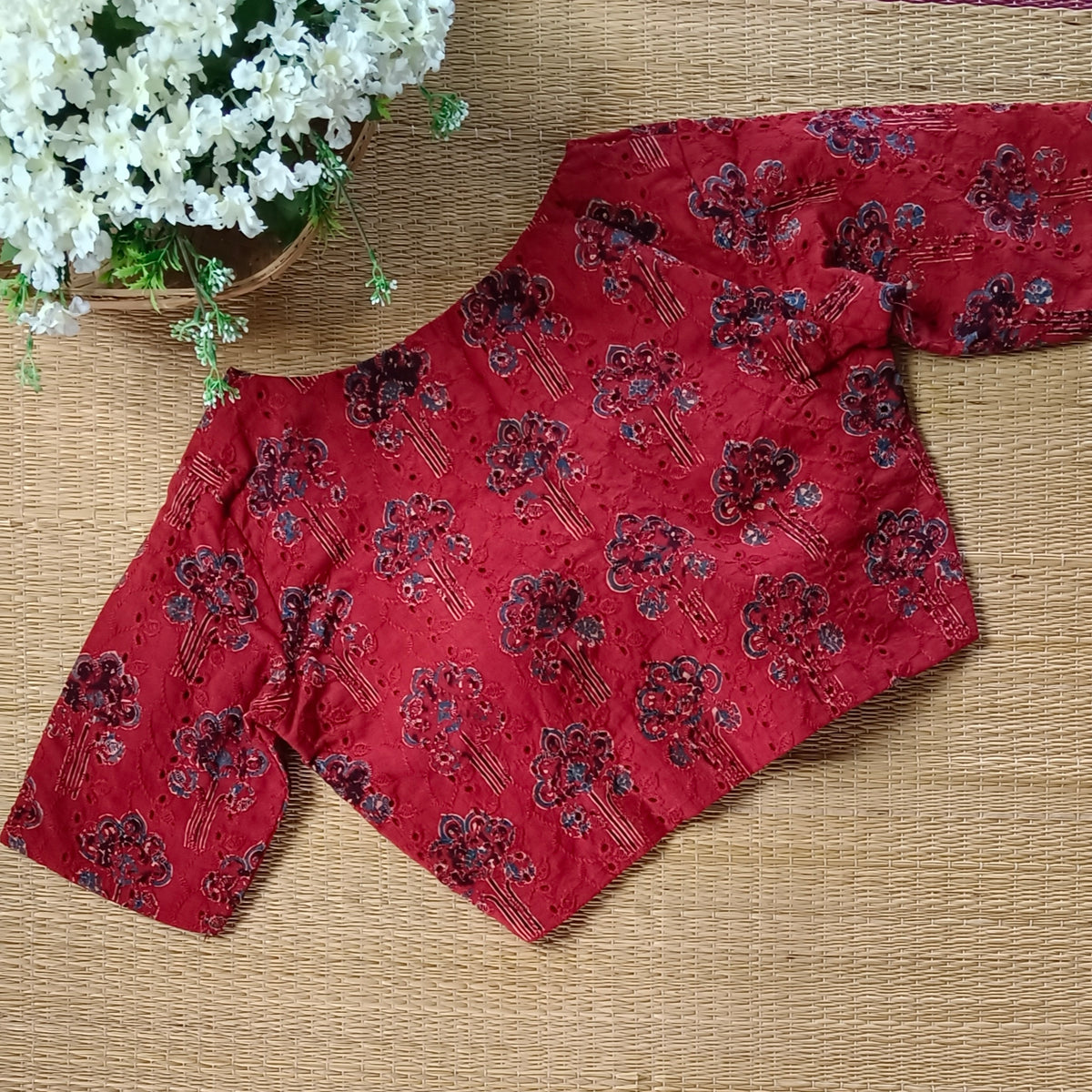Maroon hakoba with ajrak hand block print blouse(Asorted)