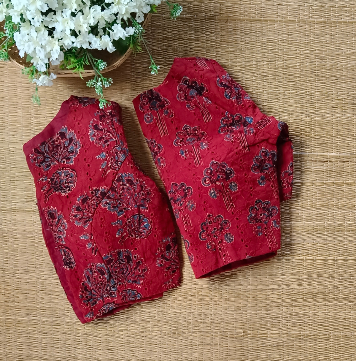 Maroon hakoba with ajrak hand block print blouse(Asorted)