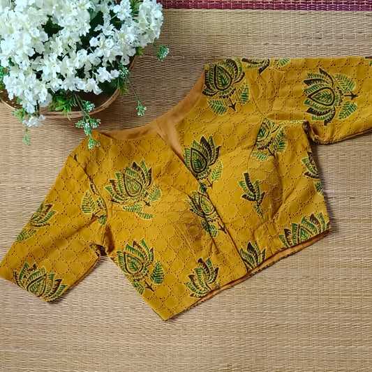 Mustard hakoba with ajrak hand block print blouse(Assorted)