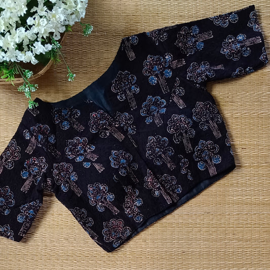 Black hakoba with ajrak hand block print blouse(Assorted)