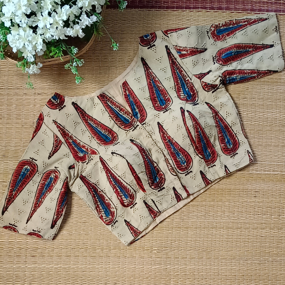Beige 1 hakoba with ajrak hand block print blouse(Assorted)