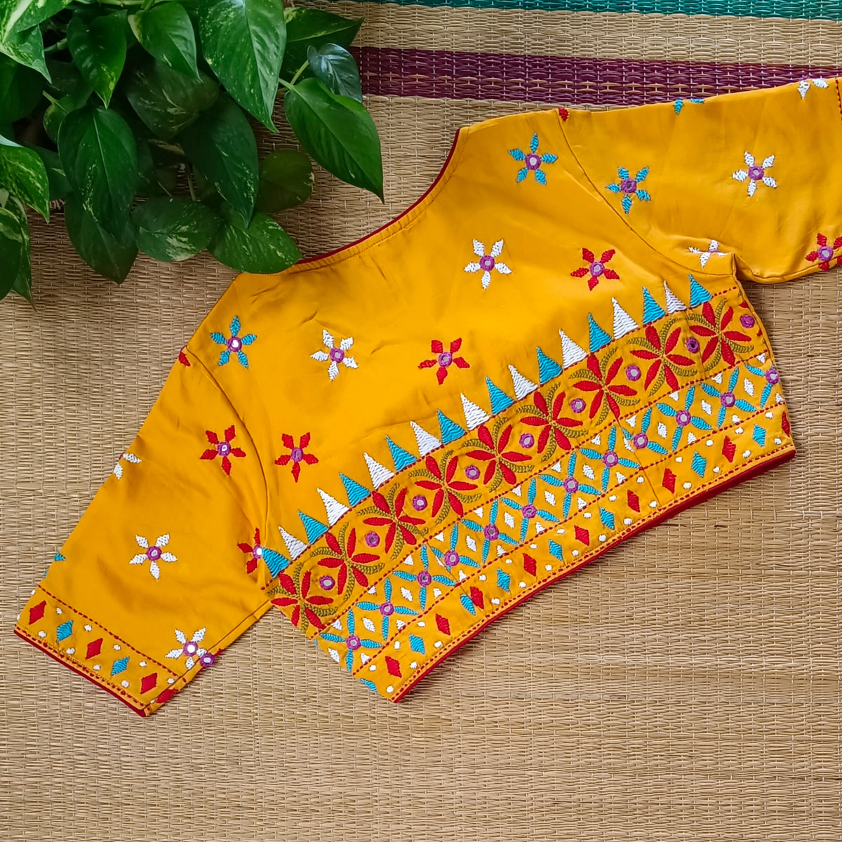 Yellow Gujrati Hand Embroidery with mirror Blouse