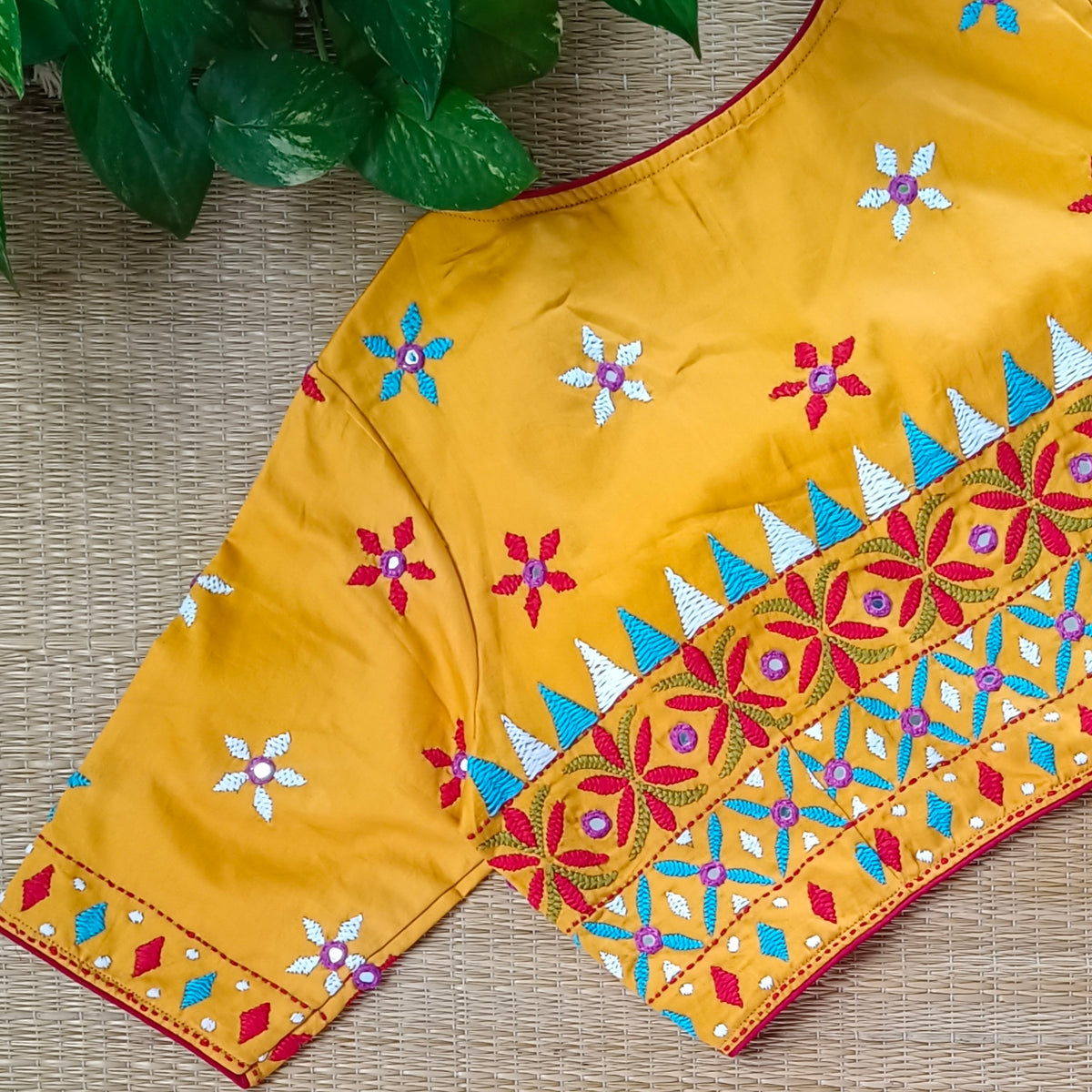 Yellow Gujrati Hand Embroidery with mirror Blouse