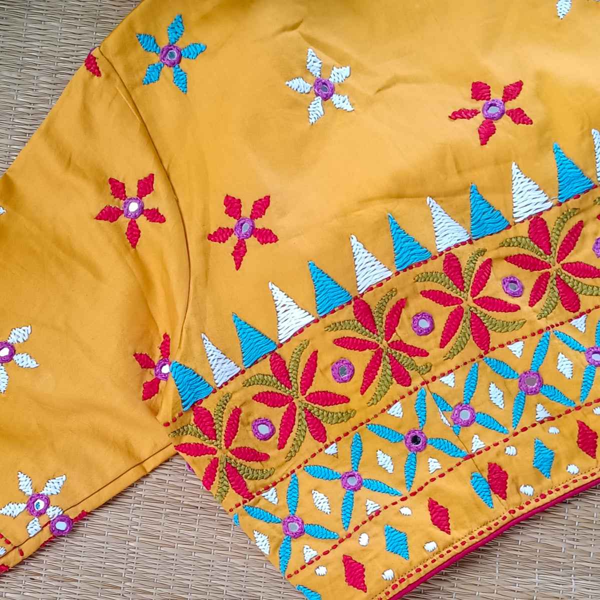 Yellow Gujrati Hand Embroidery with mirror Blouse