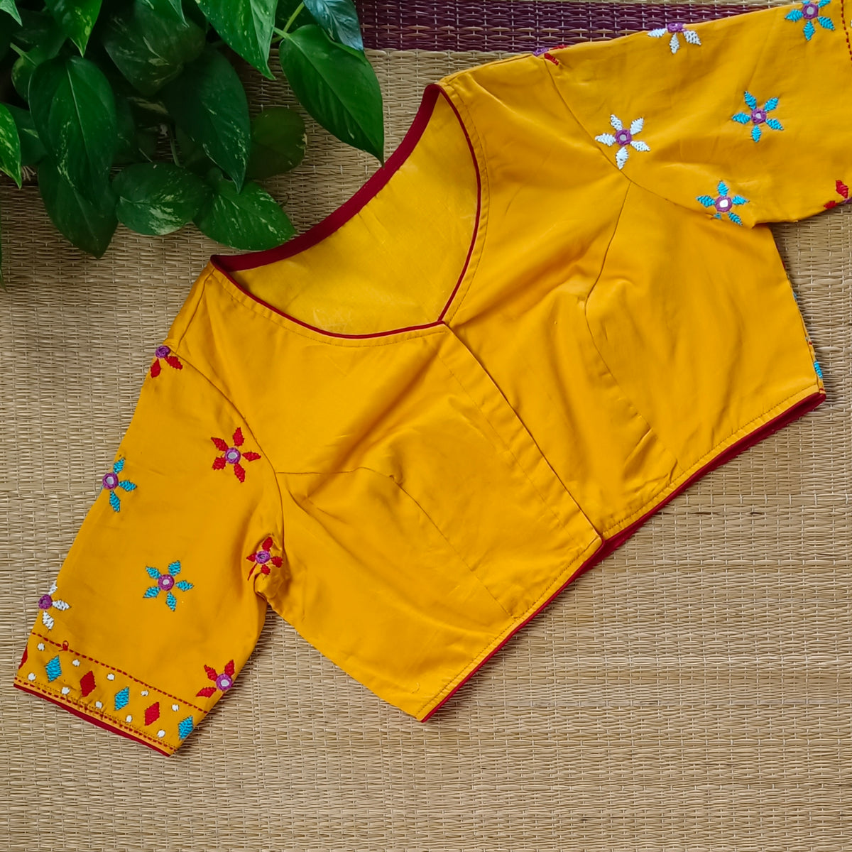 Yellow Gujrati Hand Embroidery with mirror Blouse