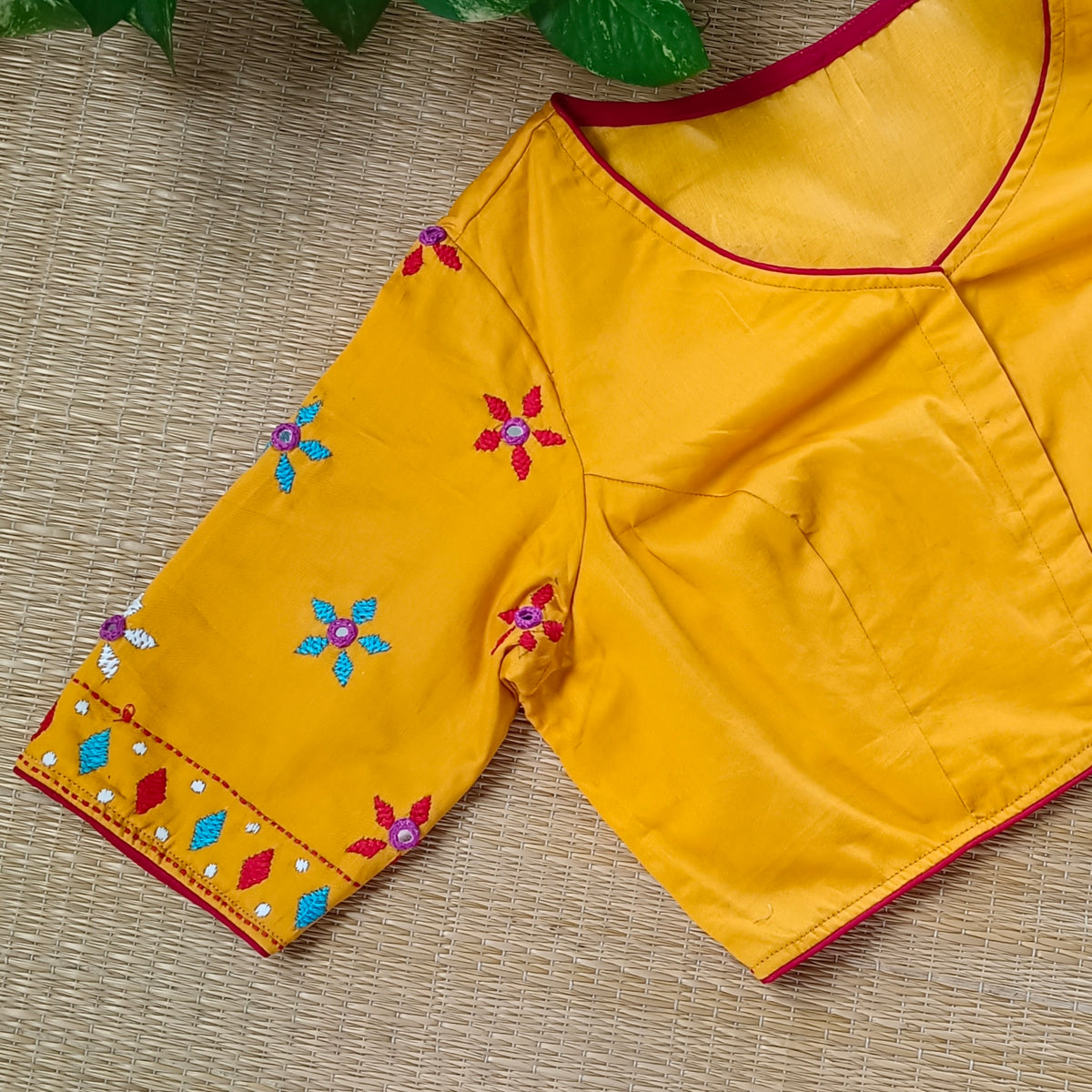 Yellow Gujrati Hand Embroidery with mirror Blouse