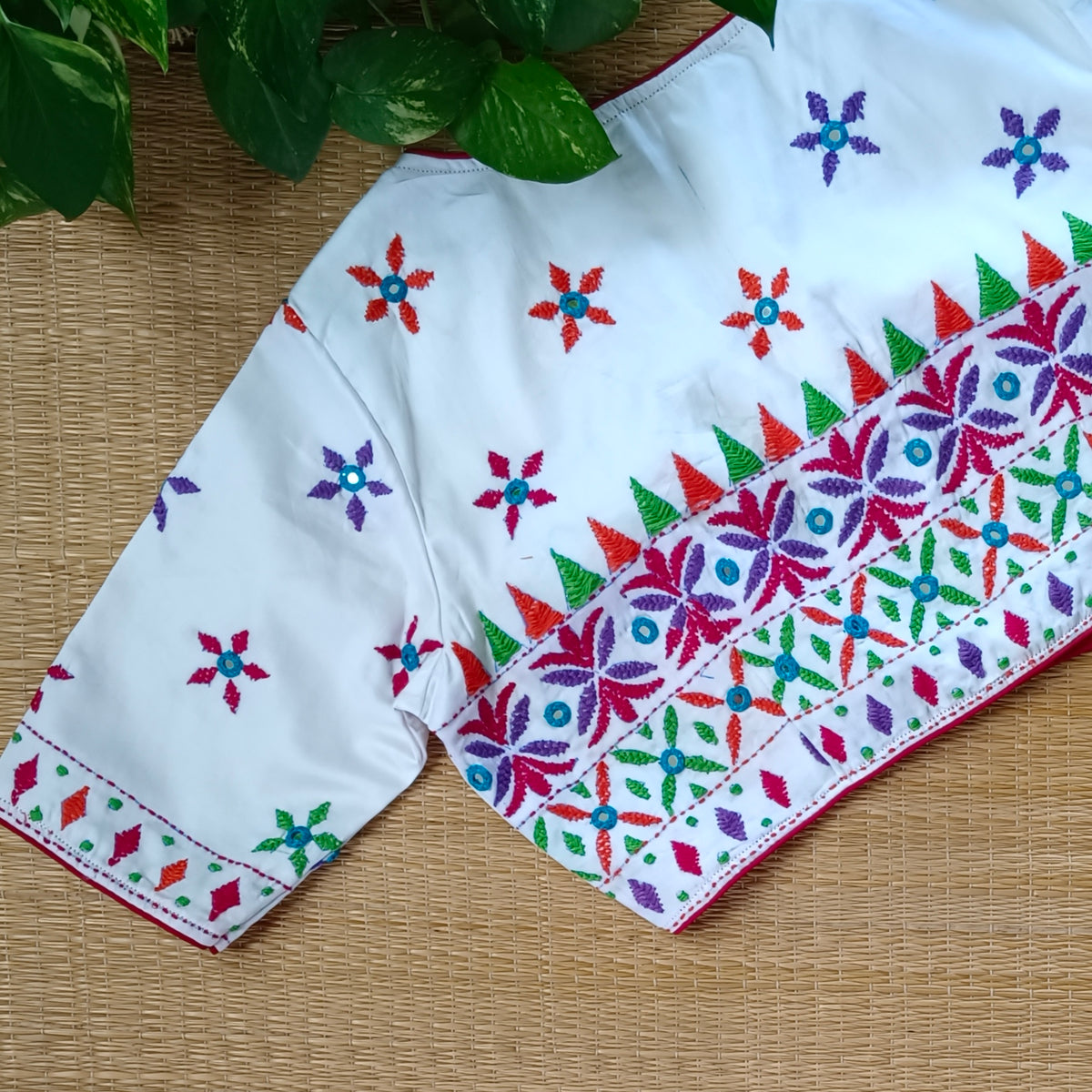White Gujrati Hand Embroidery with mirror Blouse