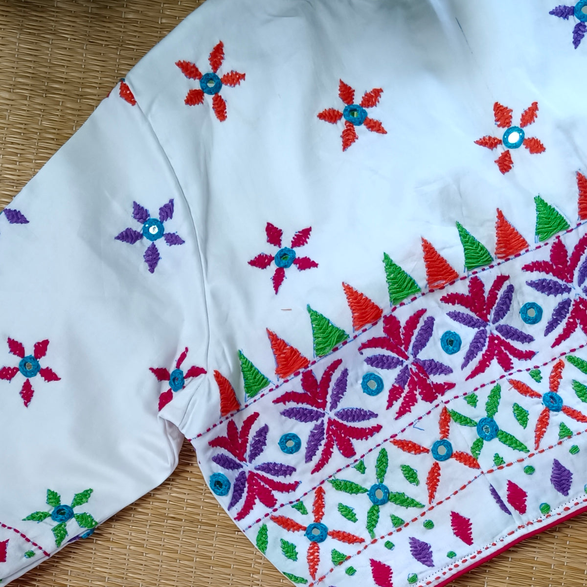 White Gujrati Hand Embroidery with mirror Blouse