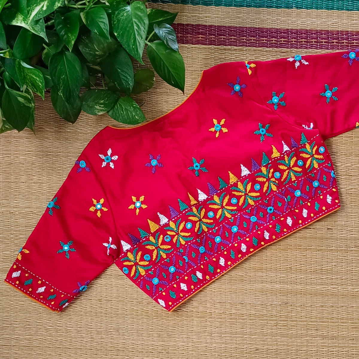 Red Gujrati Hand Embroidery with mirror Blouse
