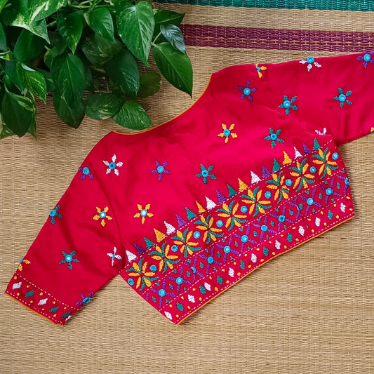 Red Gujrati Hand Embroidery with mirror Blouse