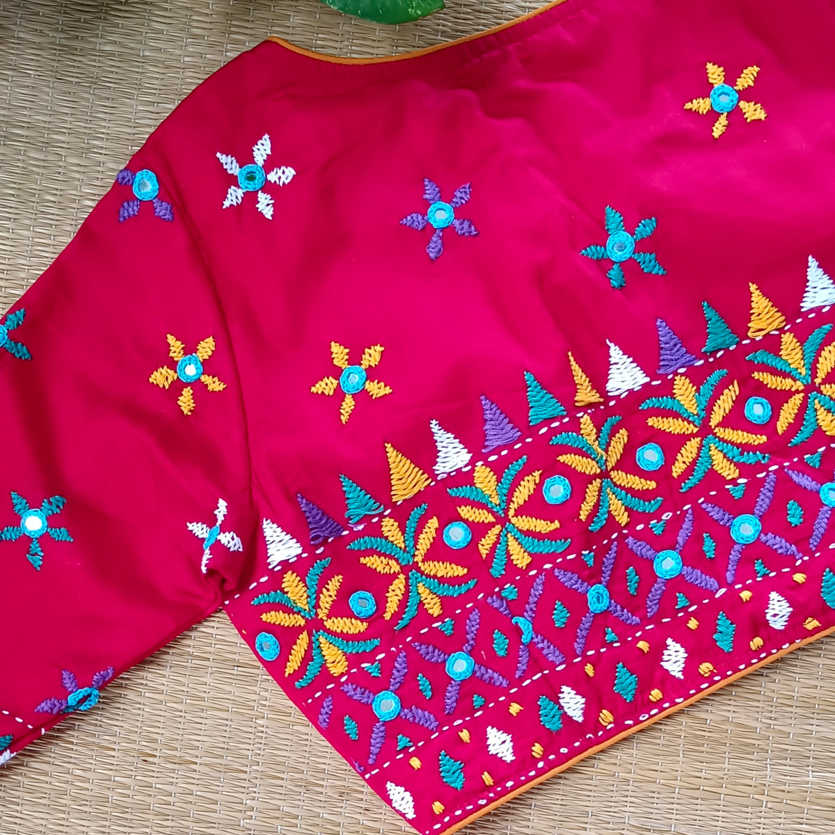 Red Gujrati Hand Embroidery with mirror Blouse