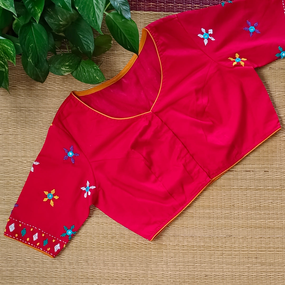 Red Gujrati Hand Embroidery with mirror Blouse