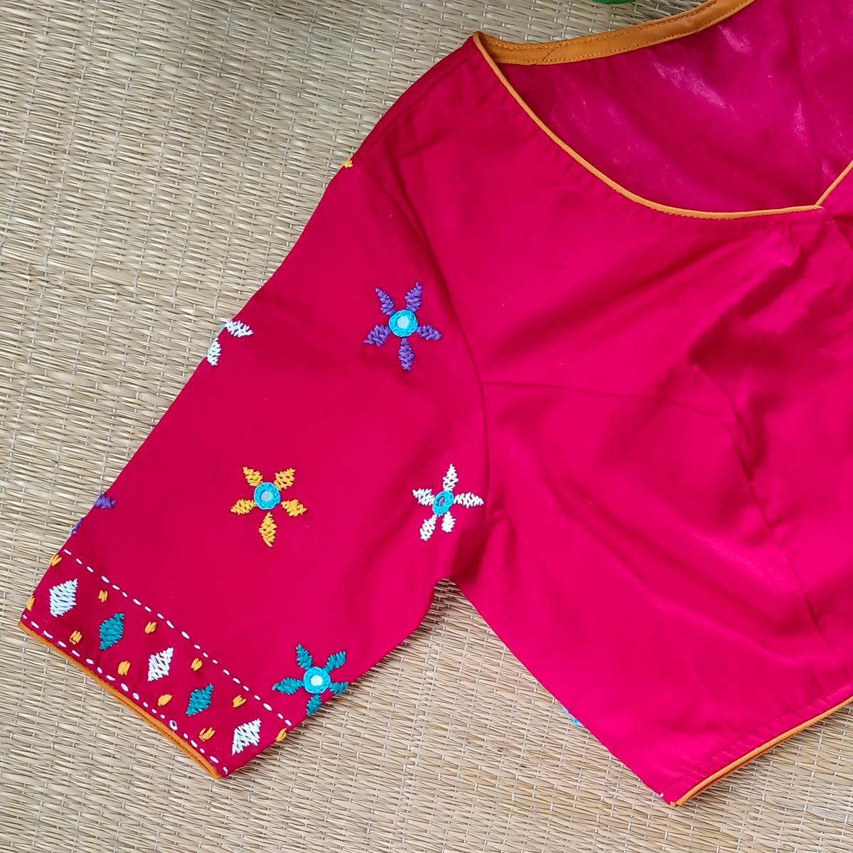Red Gujrati Hand Embroidery with mirror Blouse