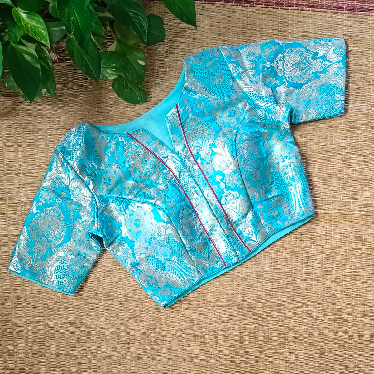 Blue Banarasi Silk Blouse with silver zari