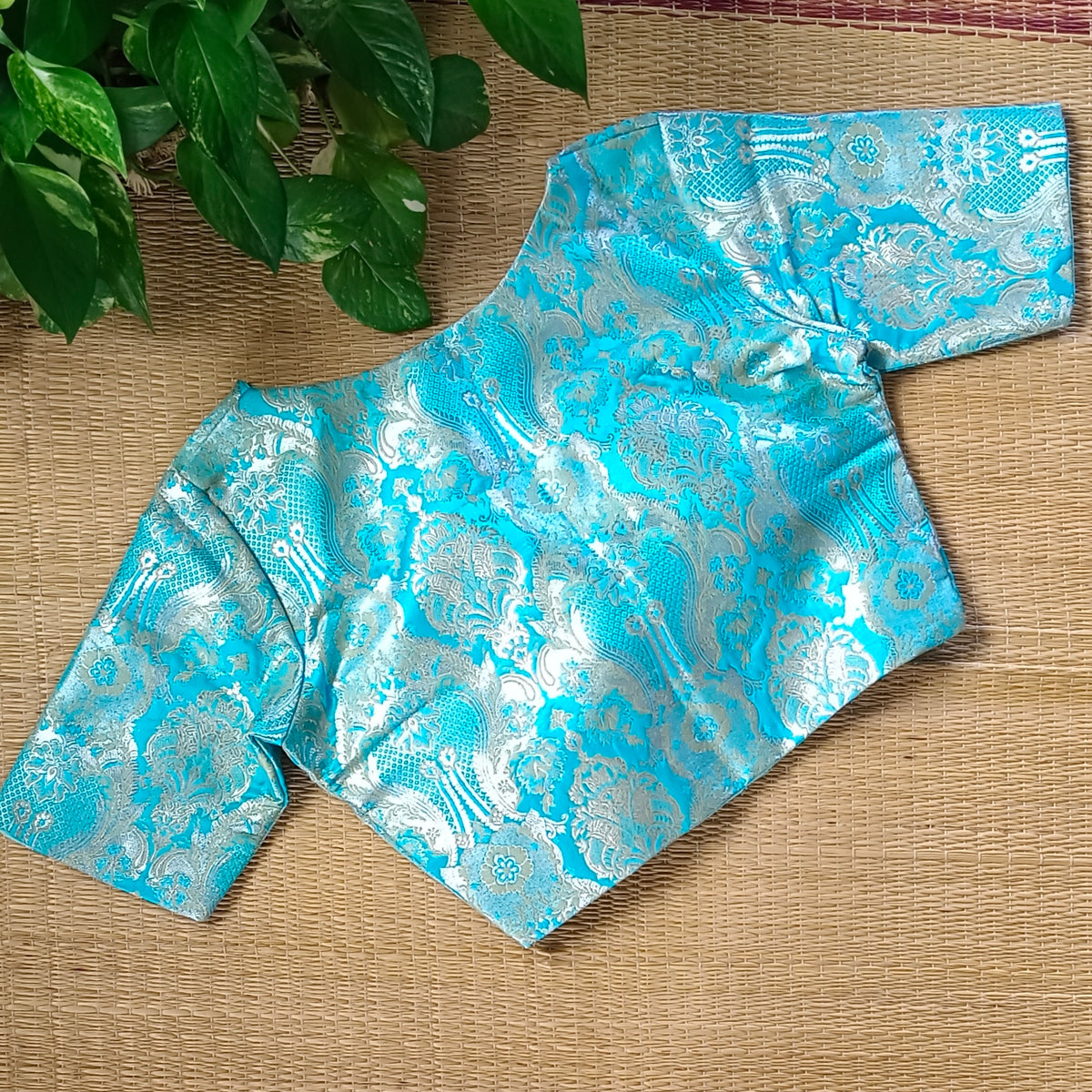 Blue Banarasi Silk Blouse with silver zari