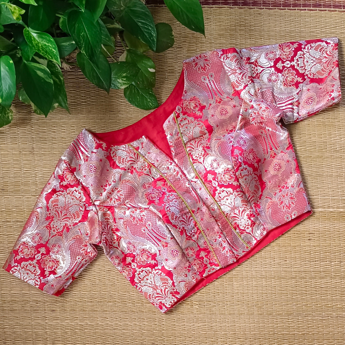 Red Banarasi Silk Blouse with silver zari