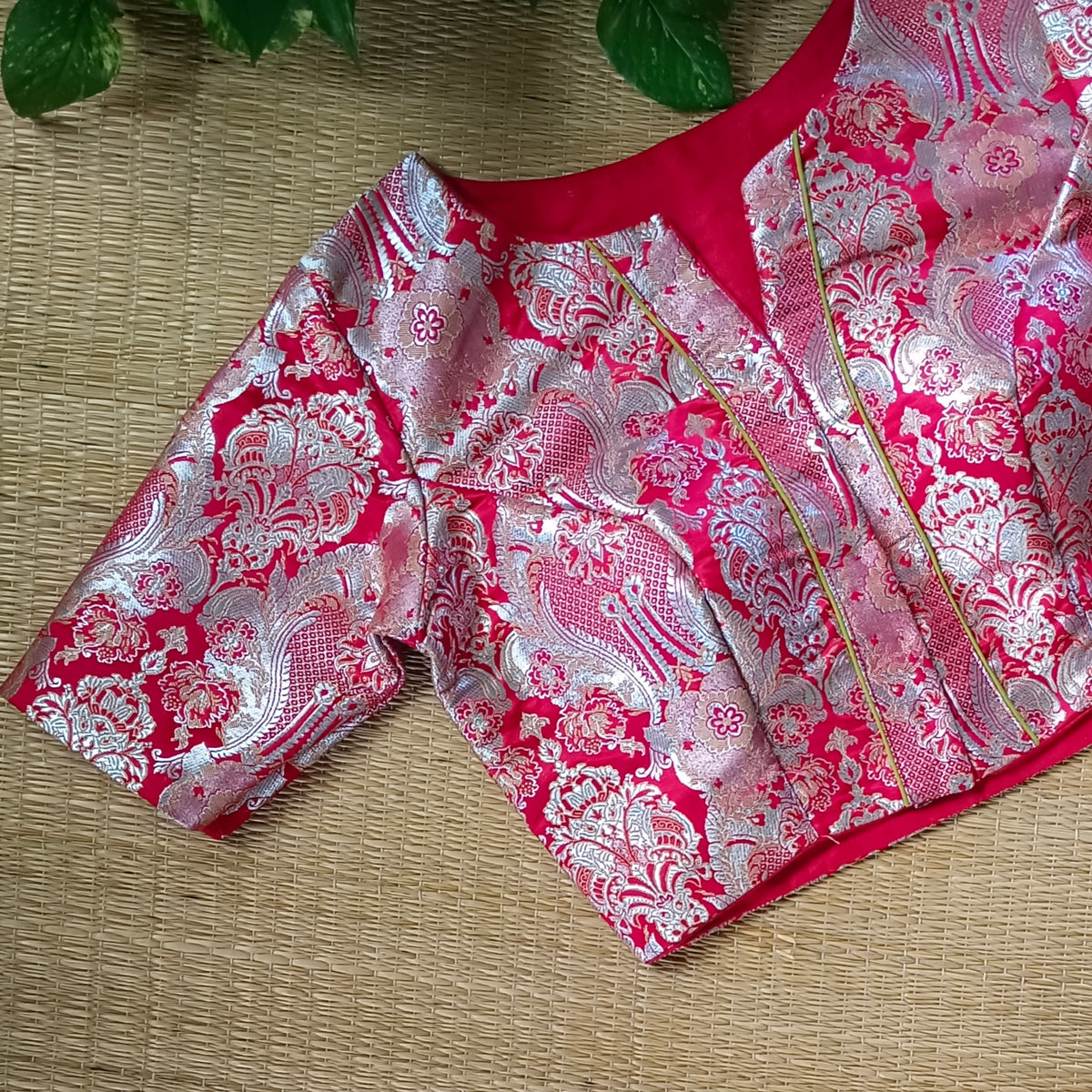 Red Banarasi Silk Blouse with silver zari