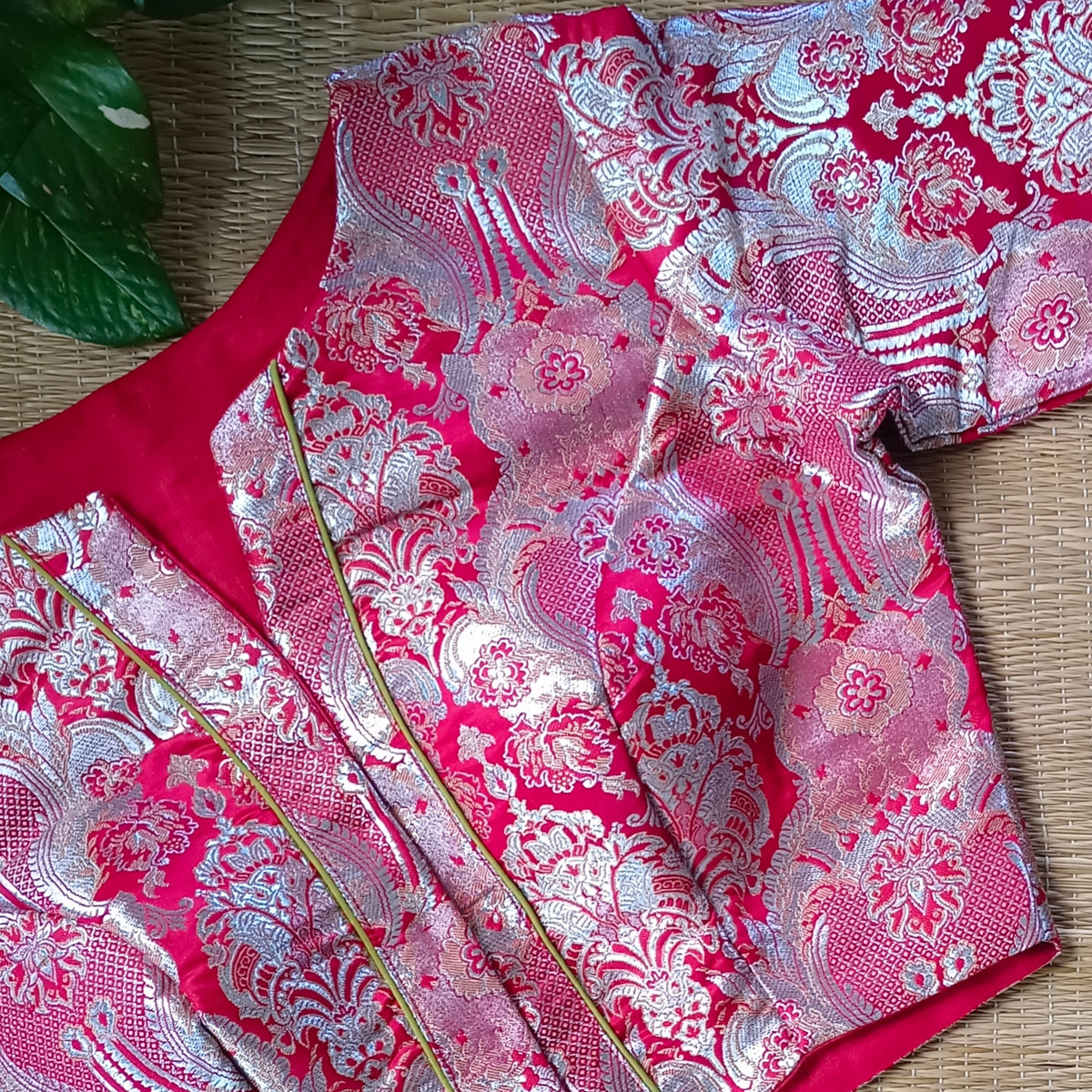 Red Banarasi Silk Blouse with silver zari