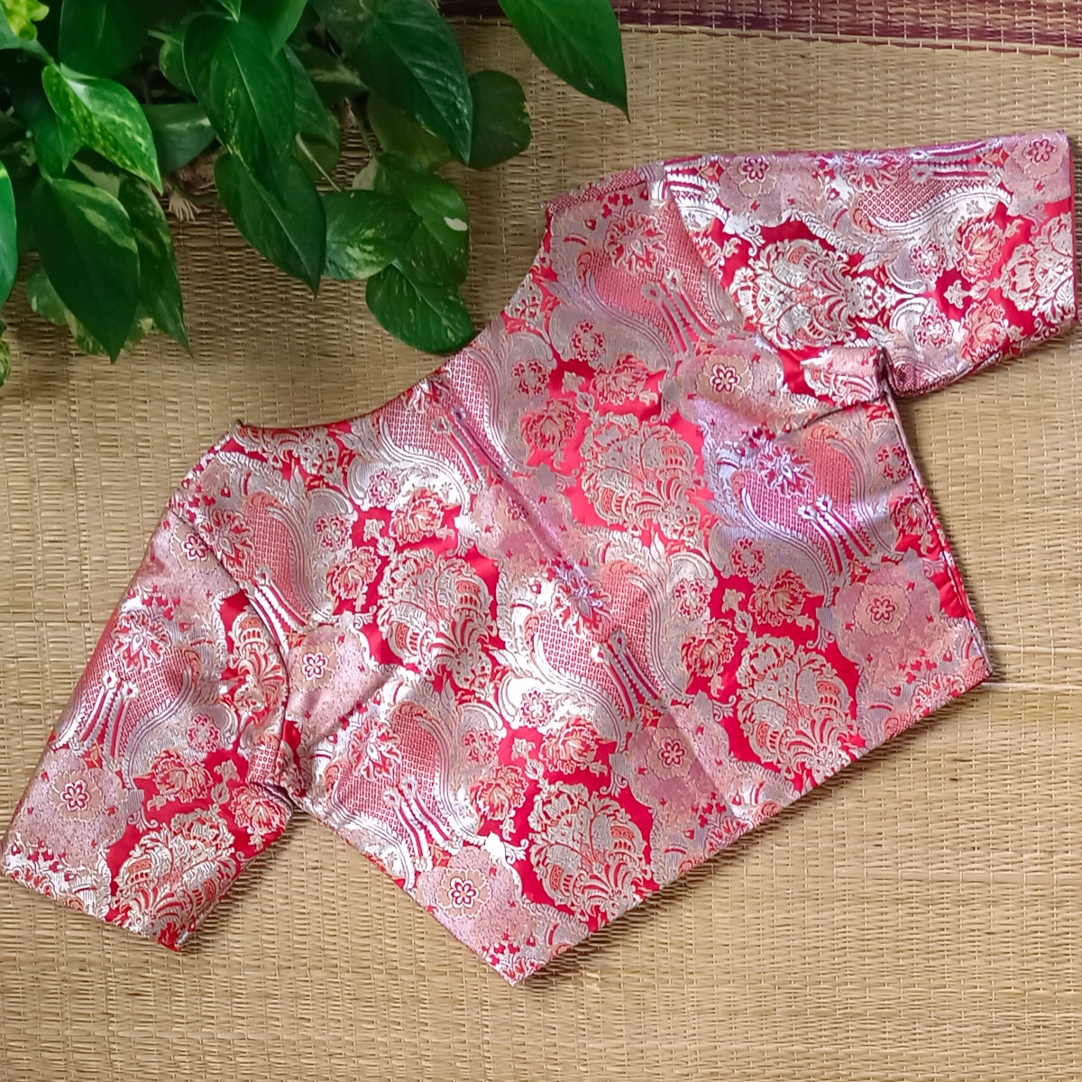 Red Banarasi Silk Blouse with silver zari