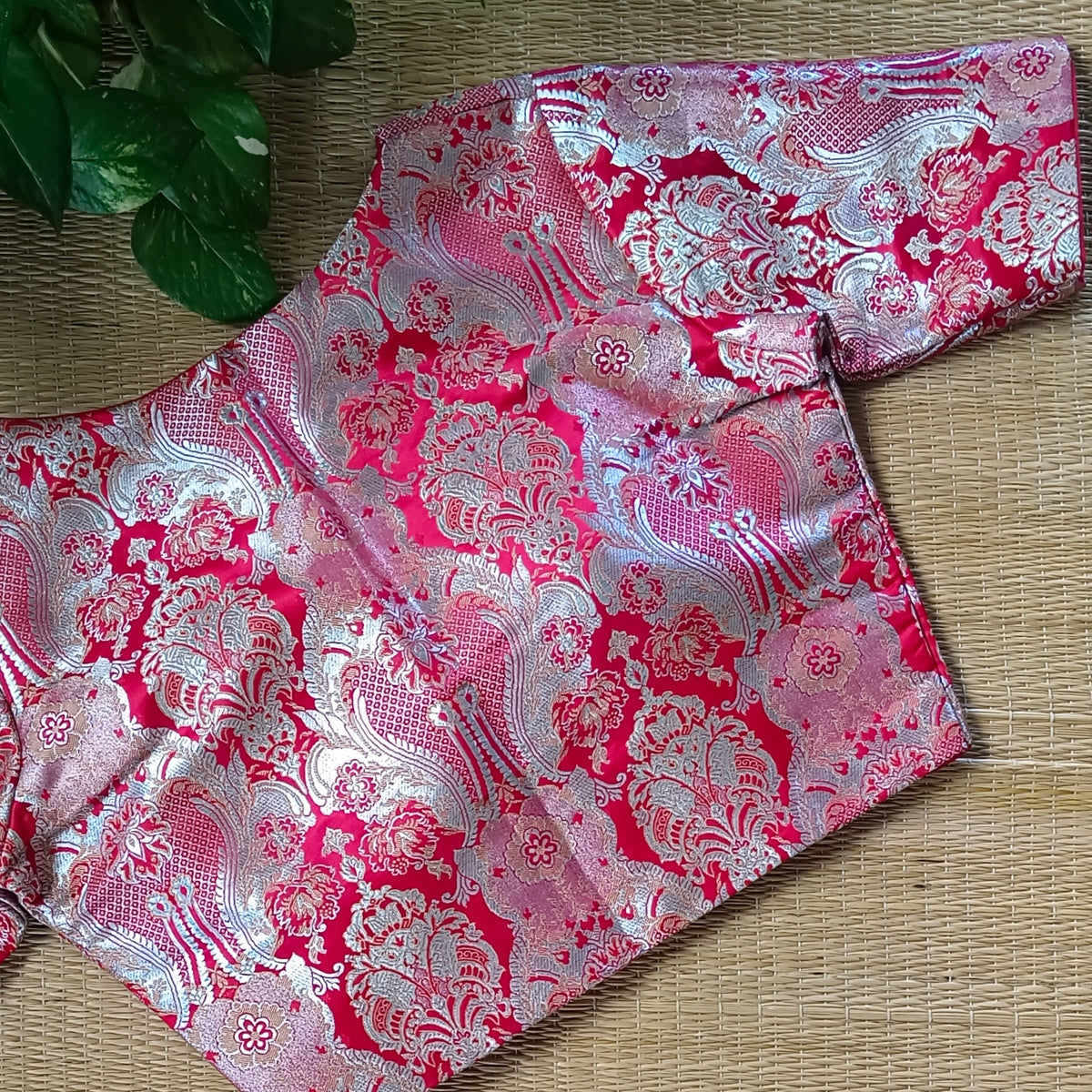 Red Banarasi Silk Blouse with silver zari