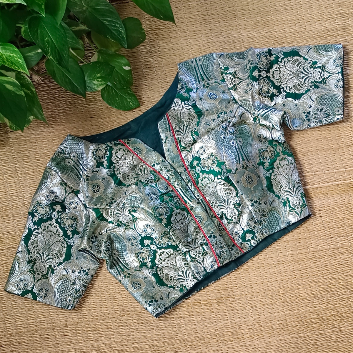 Green Banarasi Silk Blouse with silver zari