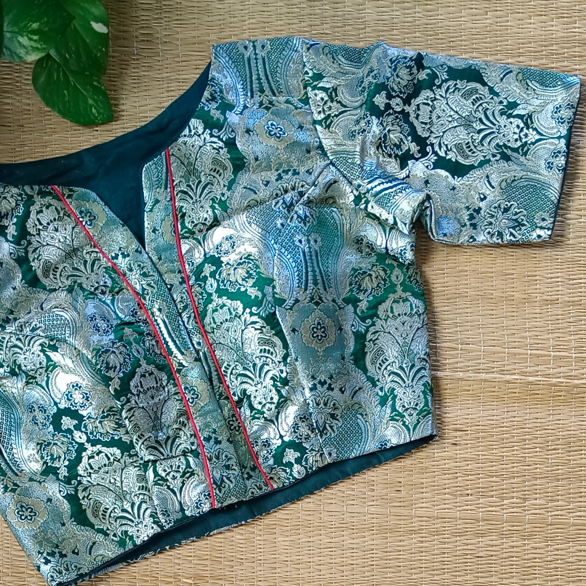 Green Banarasi Silk Blouse with silver zari