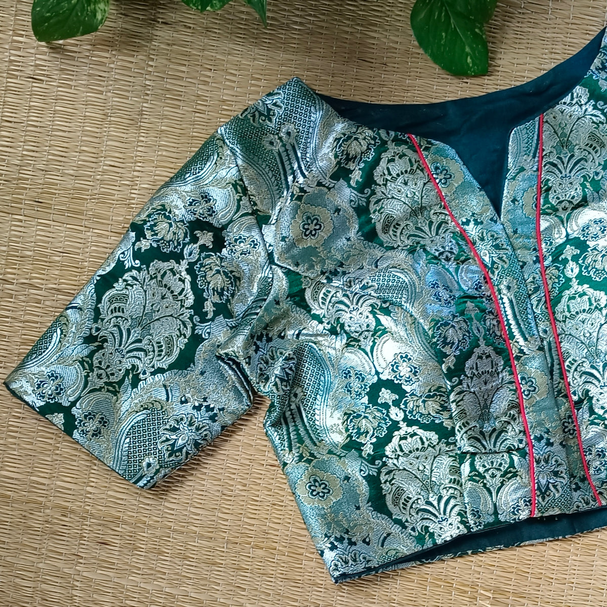 Green Banarasi Silk Blouse with silver zari