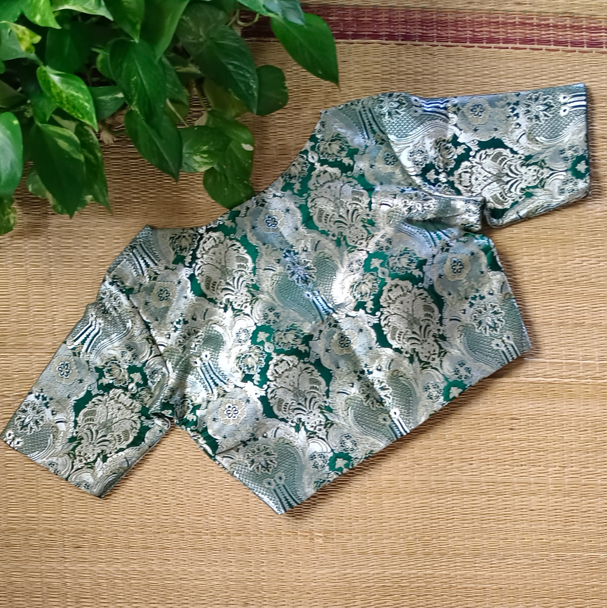 Green Banarasi Silk Blouse with silver zari