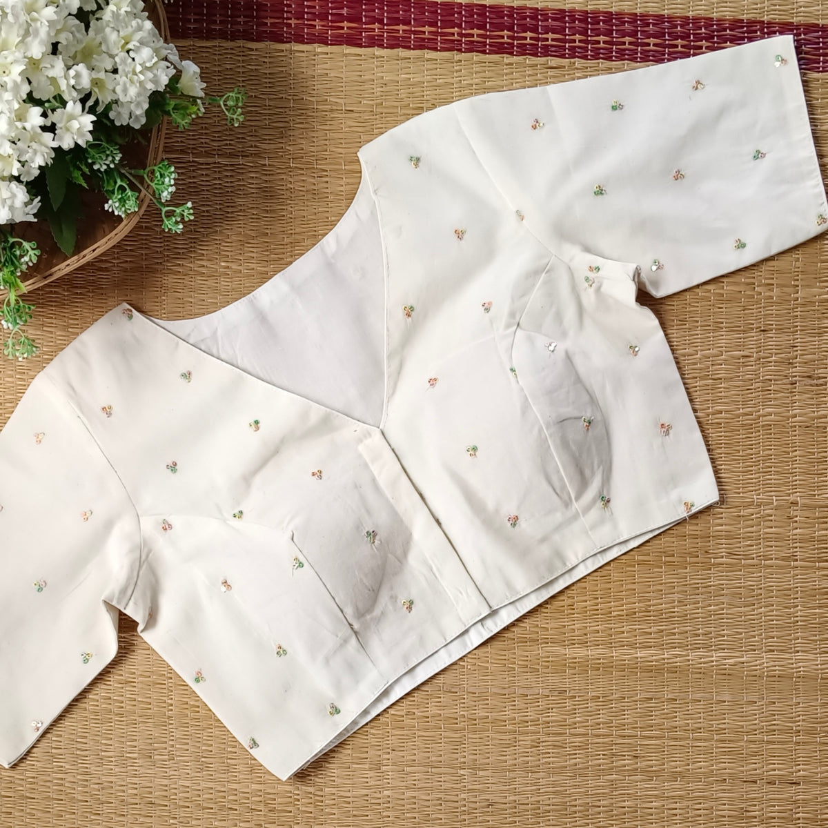 Off White Cotton Blouse with multicolour sequence