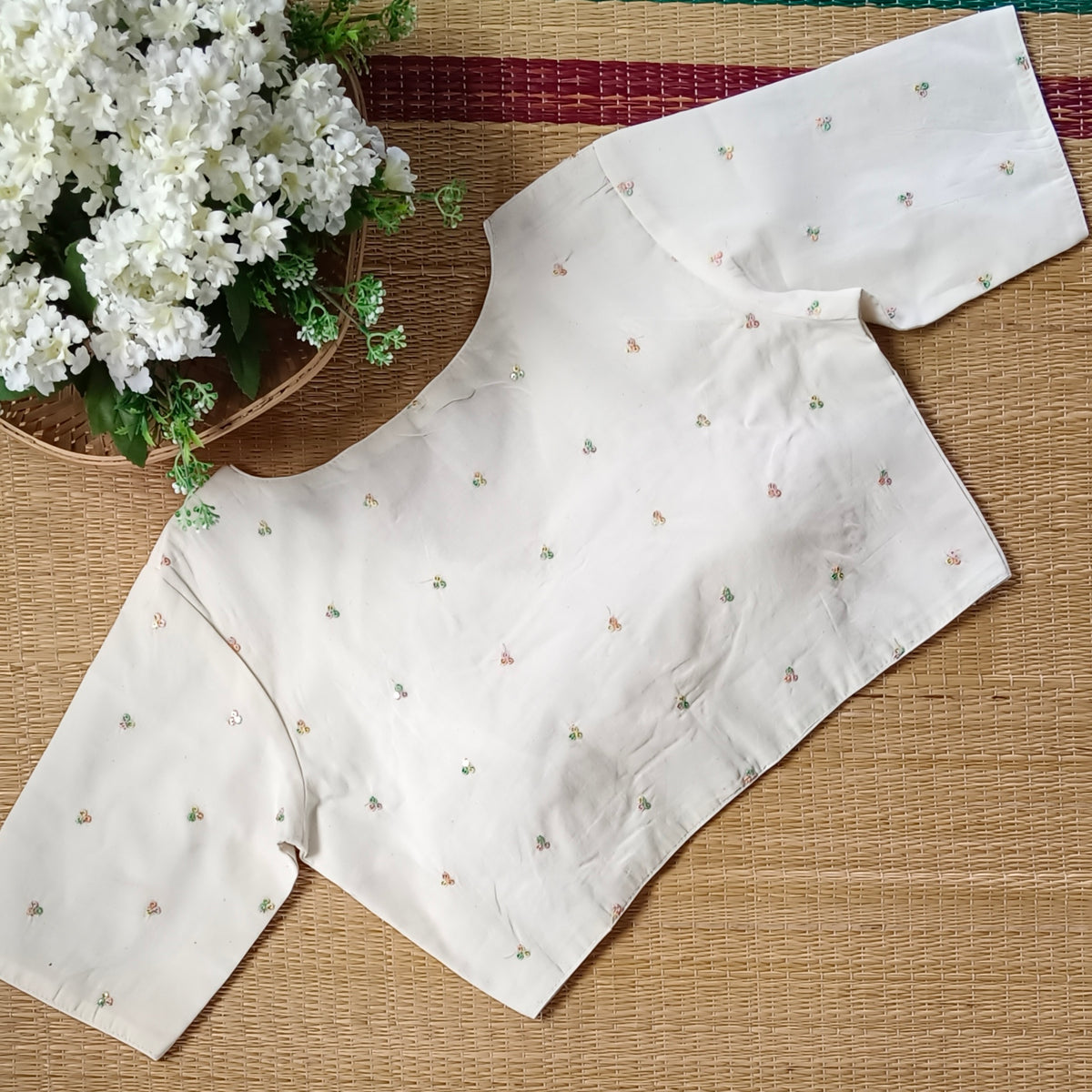 Off White Cotton Blouse with multicolour sequence