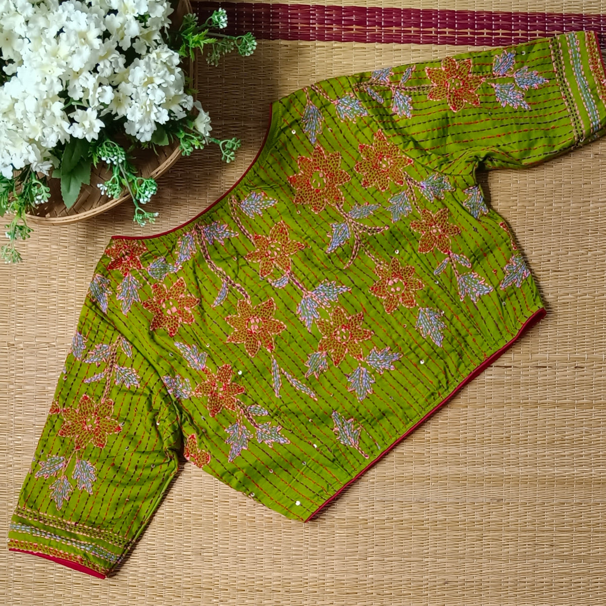 Light Mehendi Green Multicolor Katha Work Blouse