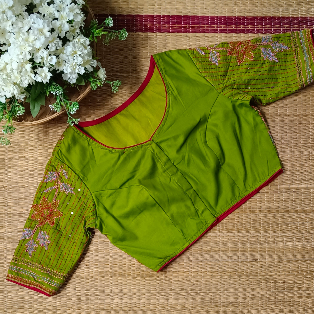 Light Mehendi Green Multicolor Katha Work Blouse