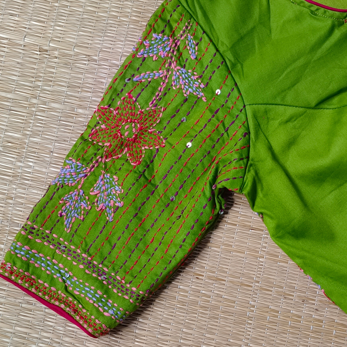 Light Mehendi Green Multicolor Katha Work Blouse