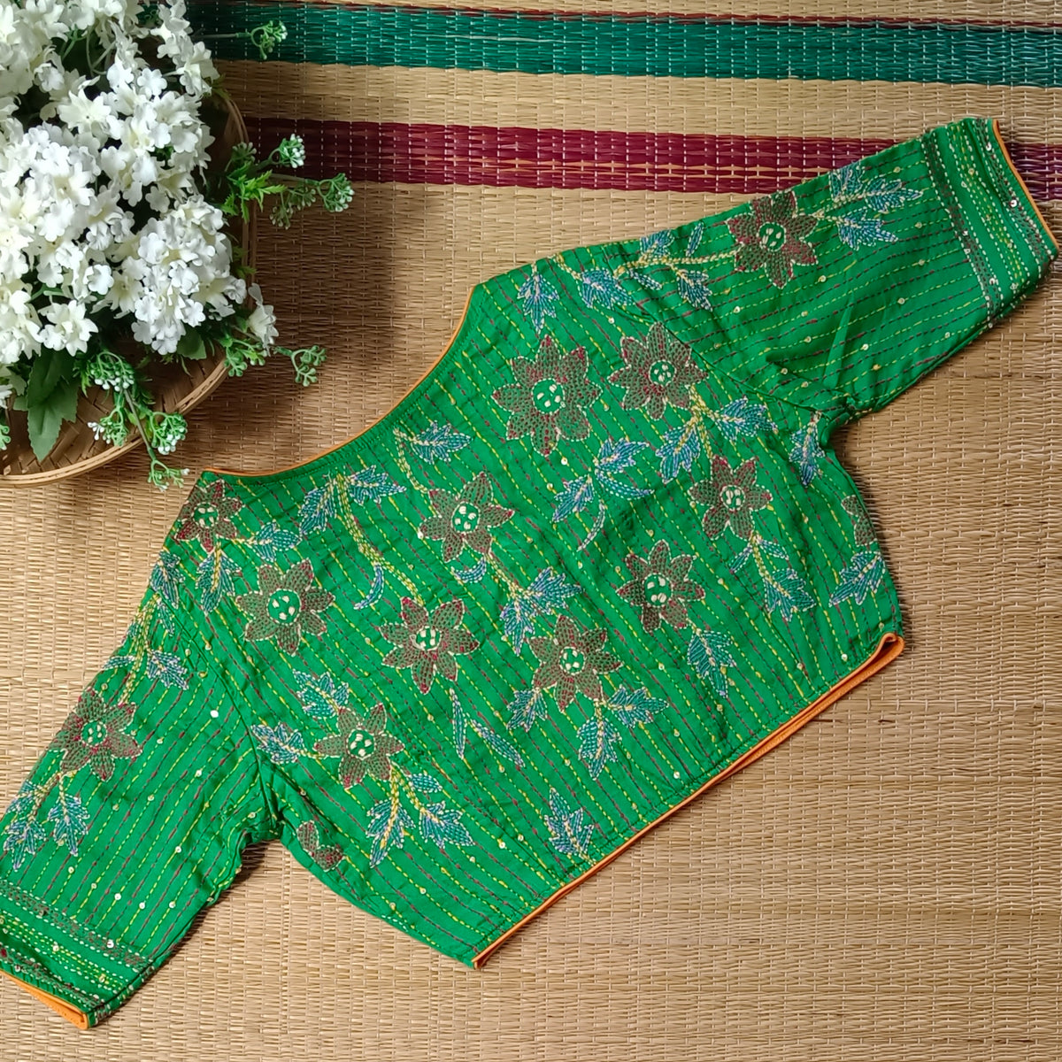 Light Green Multicolor Katha Work Blouse