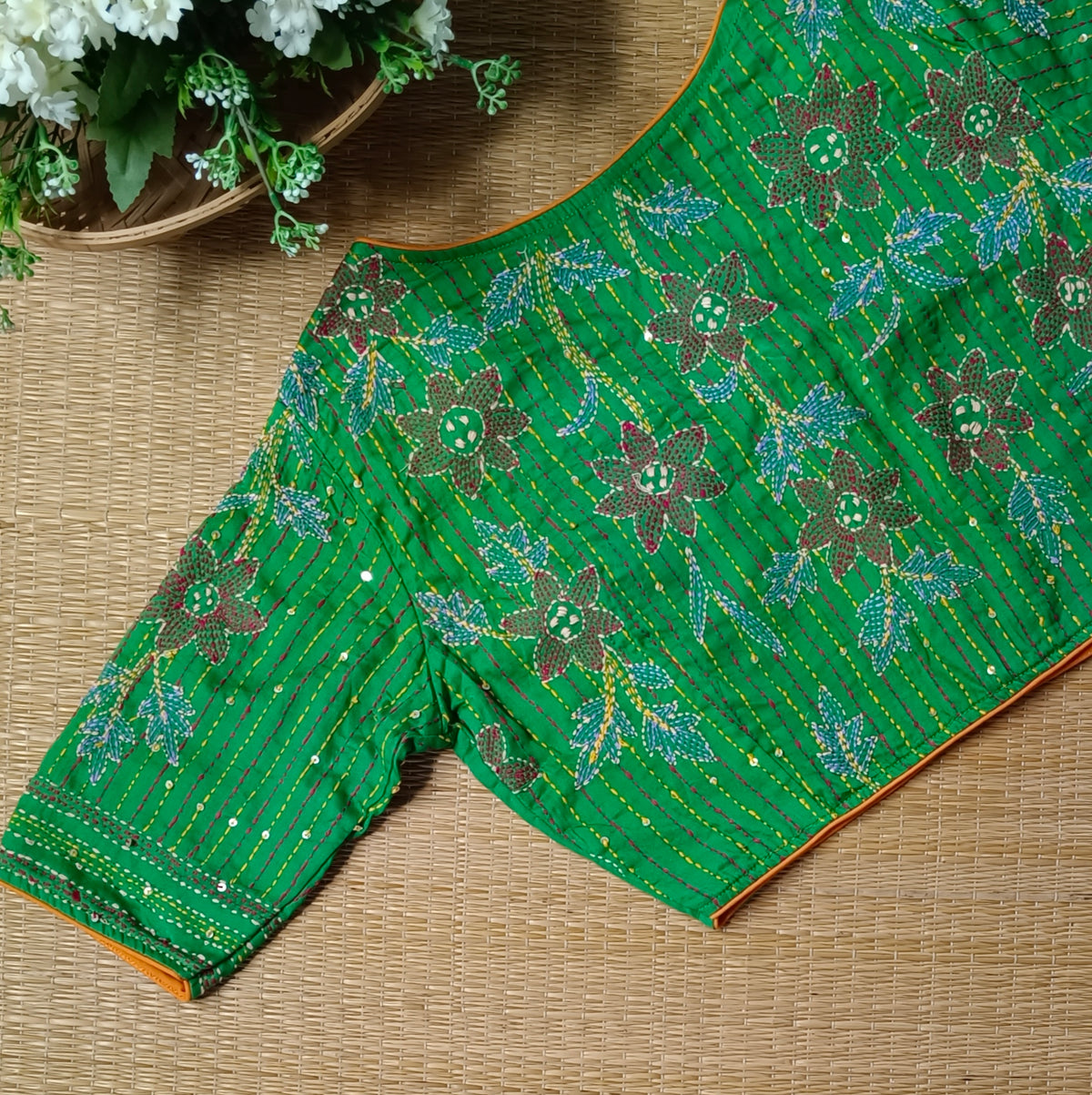 Light Green Multicolor Katha Work Blouse