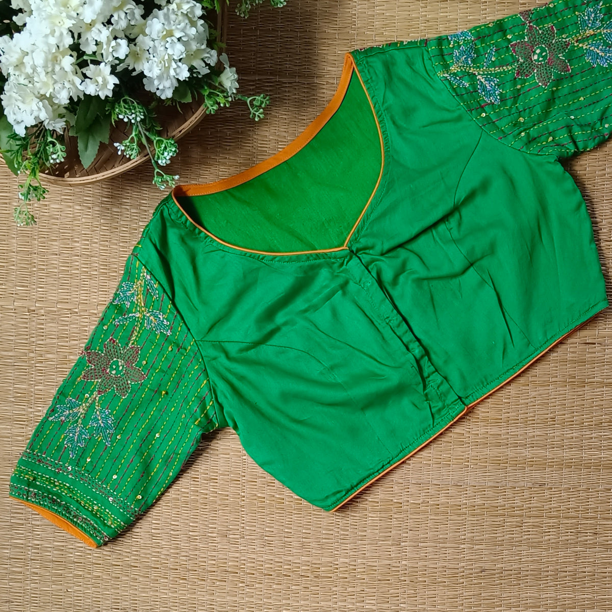Light Green Multicolor Katha Work Blouse