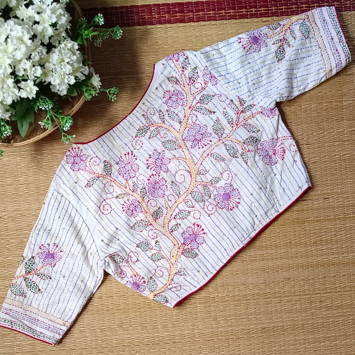 White Multicolor Katha Work Blouse