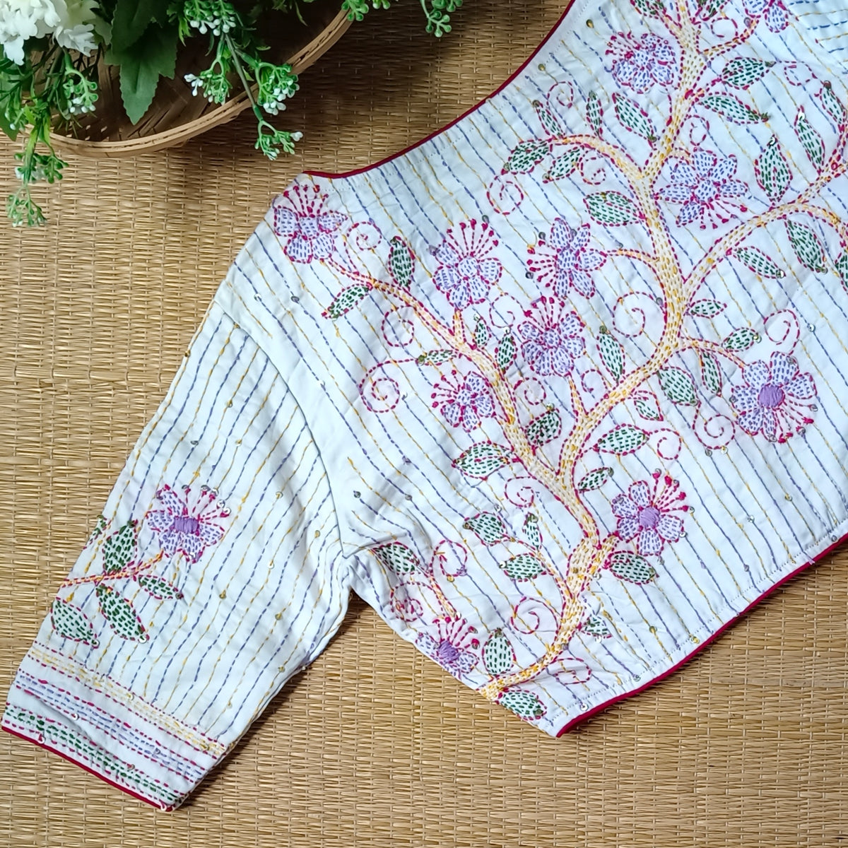 White Multicolor Katha Work Blouse