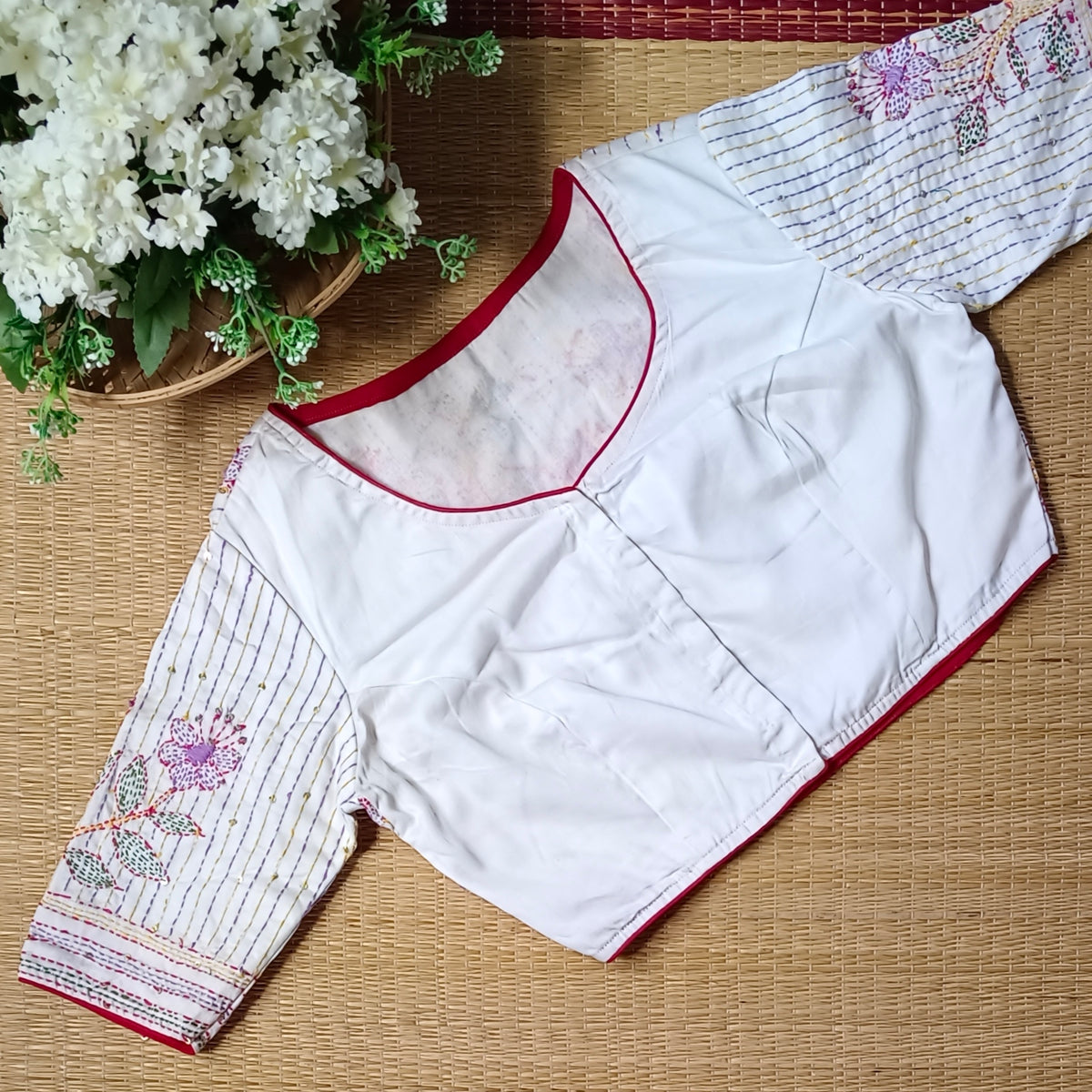 White Multicolor Katha Work Blouse