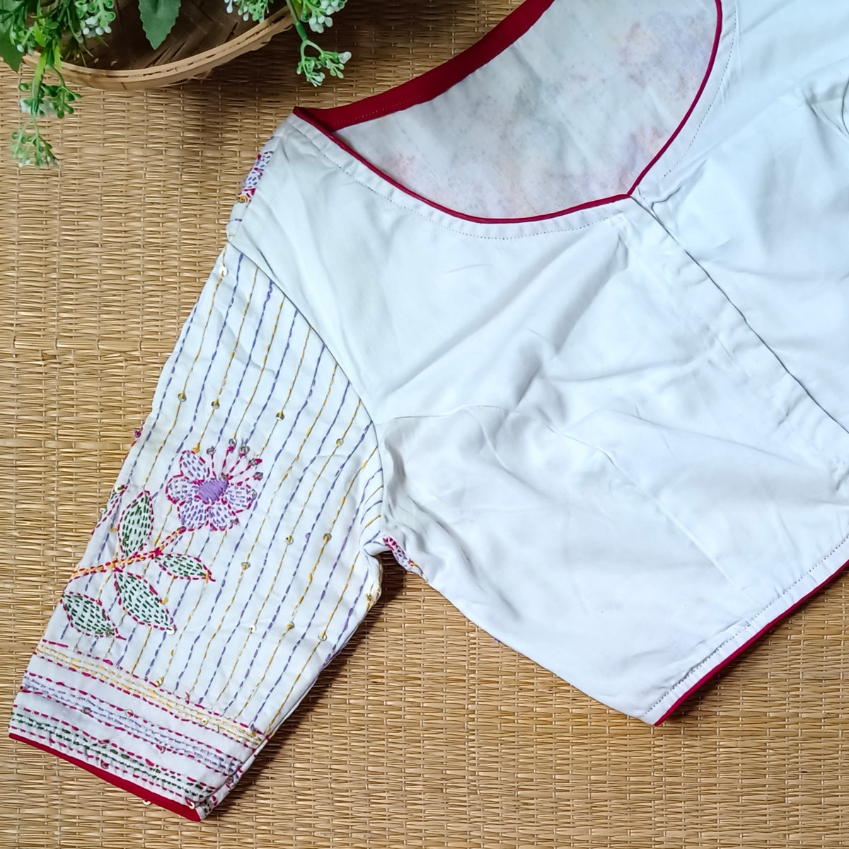 White Multicolor Katha Work Blouse